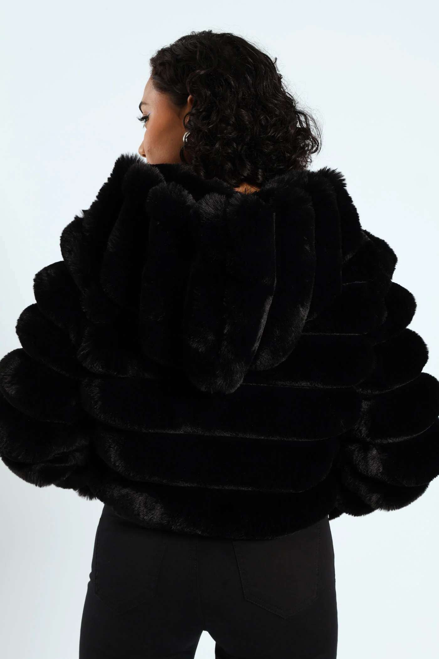 Faux Fur Quilted Hooded Jacket - Black - Image 4