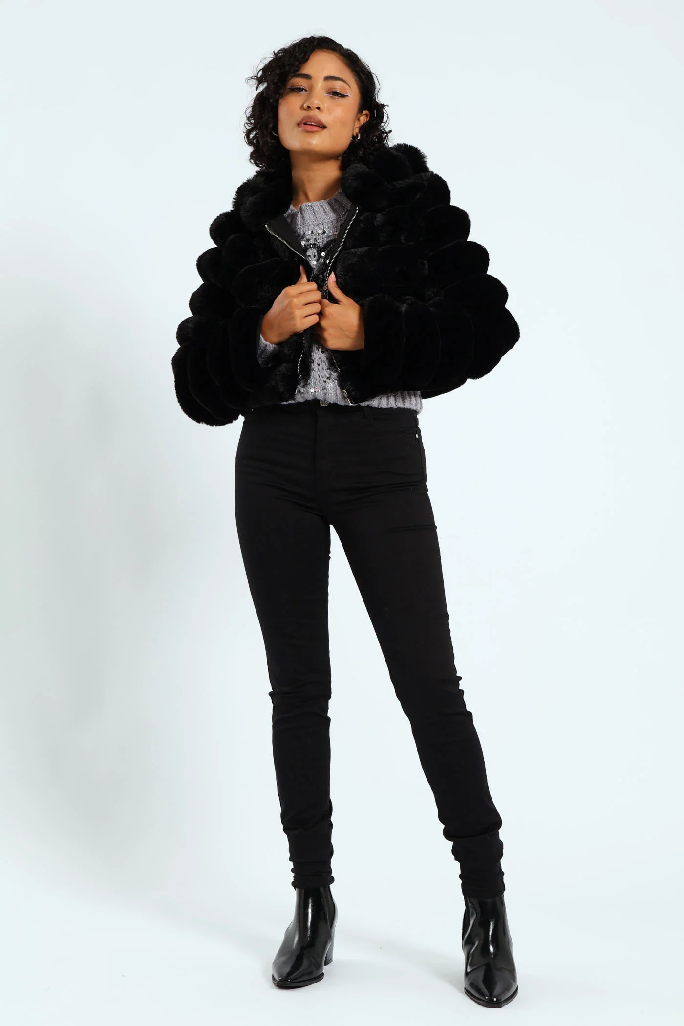 Faux Fur Quilted Hooded Jacket - Black - Image 5