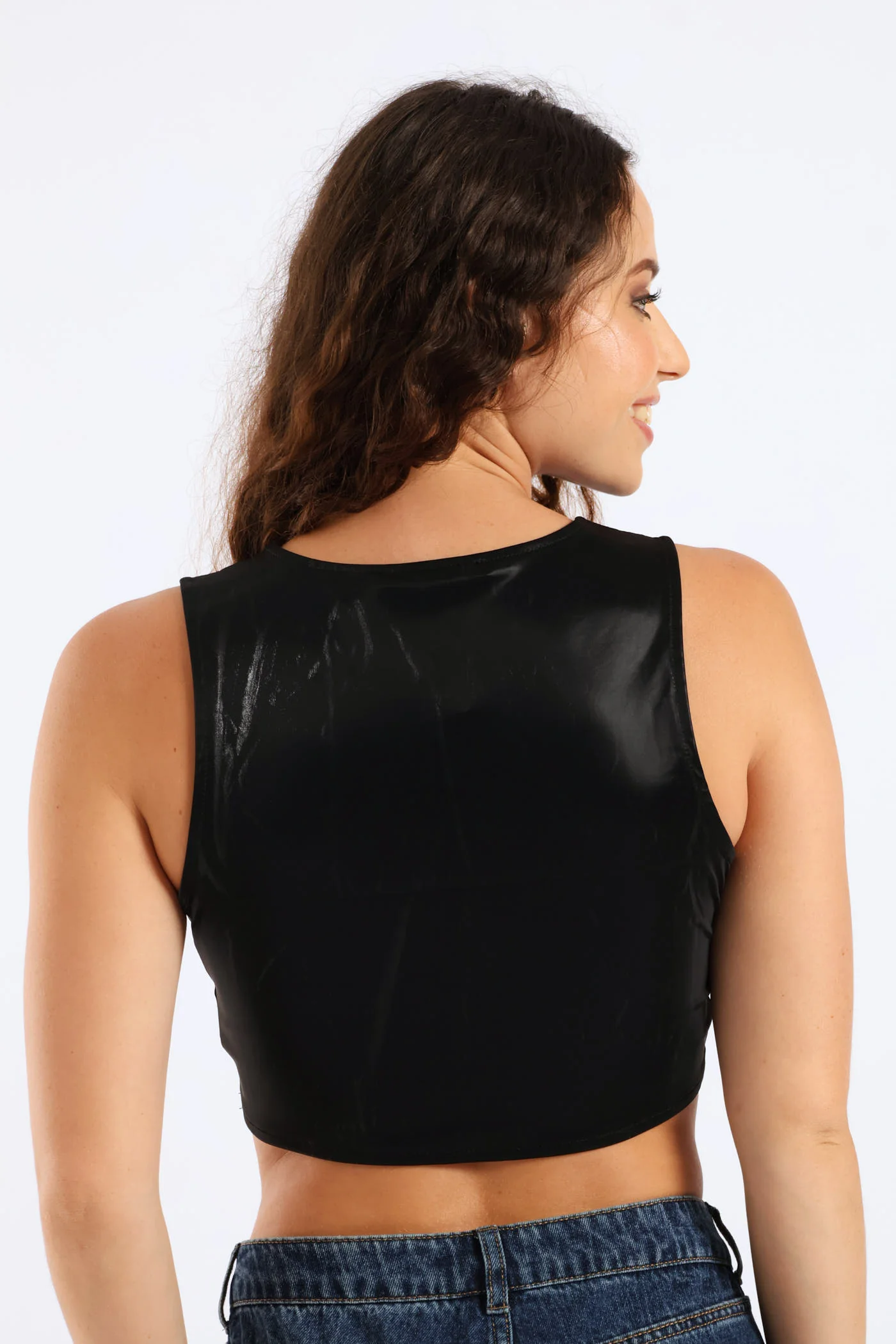 Faux Leather Cropped Tank Top - Black - Image 3
