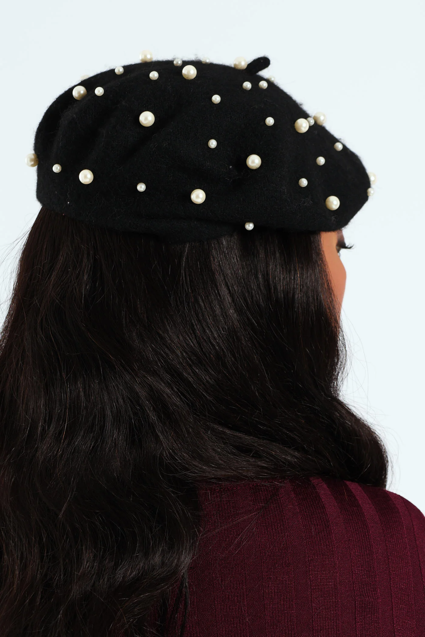 Faux Pearl Bead Beret - Black - Image 3