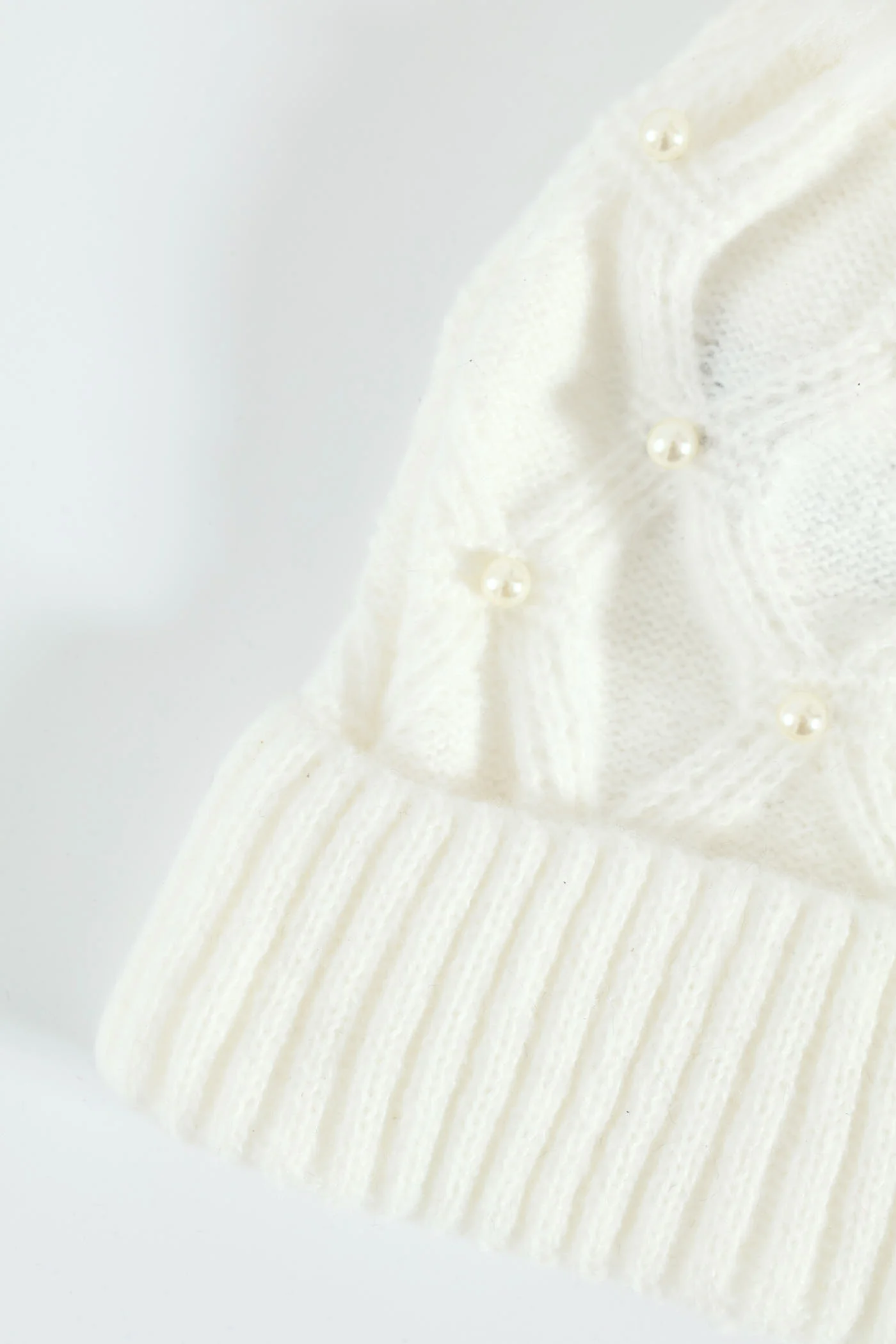 Faux Pearl Bead Turn Up Pom Pom Beanie - Cream - Image 2