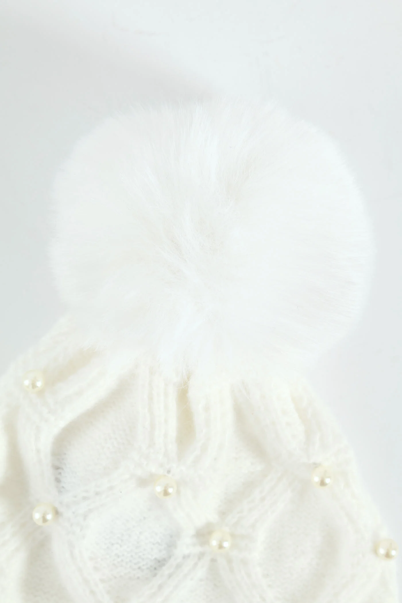 Faux Pearl Bead Turn Up Pom Pom Beanie - Cream - Image 3