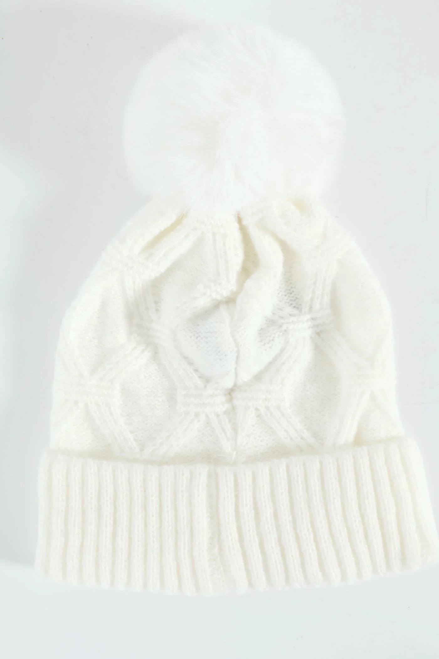 Faux Pearl Bead Turn Up Pom Pom Beanie - Cream - Image 4