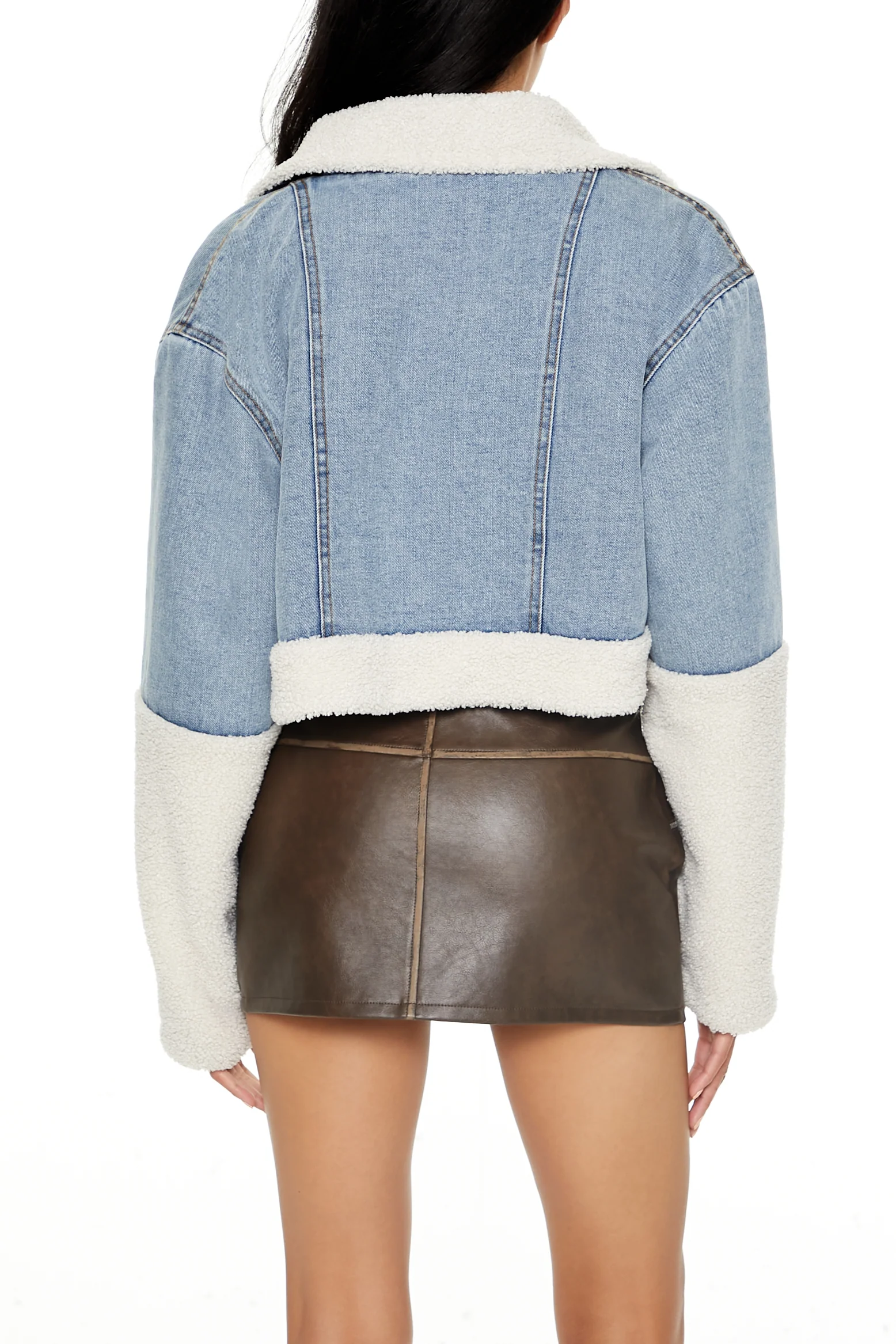 Faux Shearling Denim Moto Jacket - Light Blue - Image 11