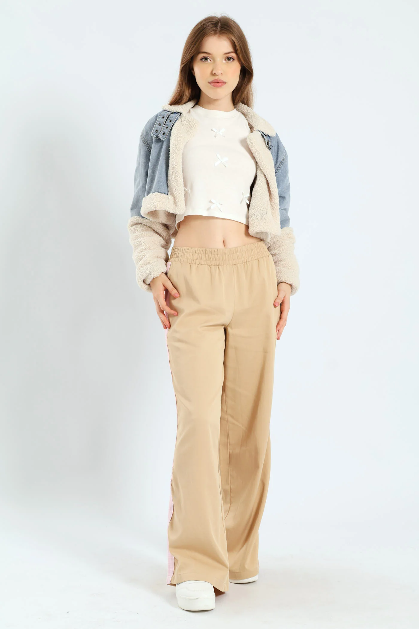 Faux Shearling Denim Moto Jacket - Light Blue - Image 2