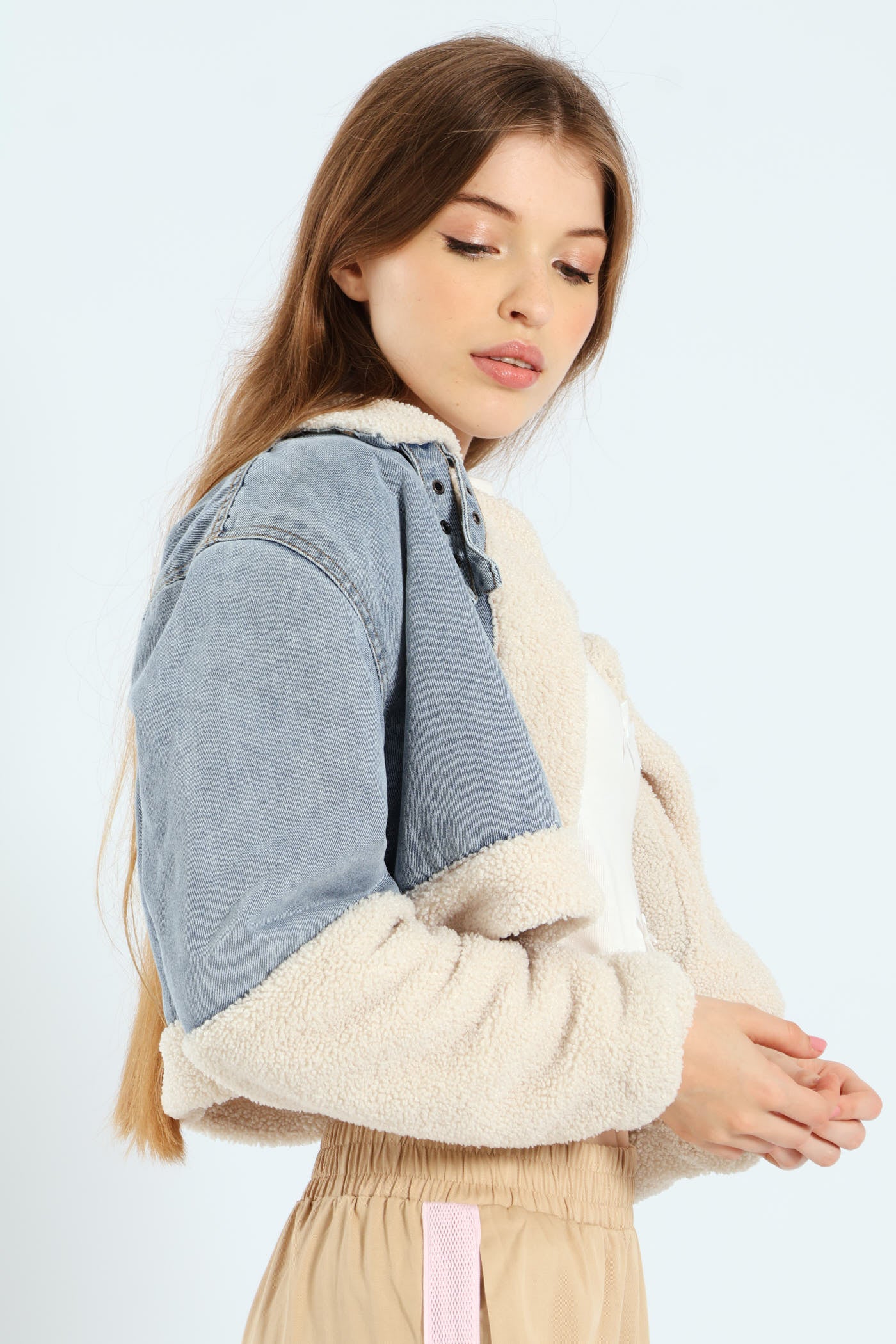 Faux Shearling Denim Moto Jacket - Light Blue - Image 4