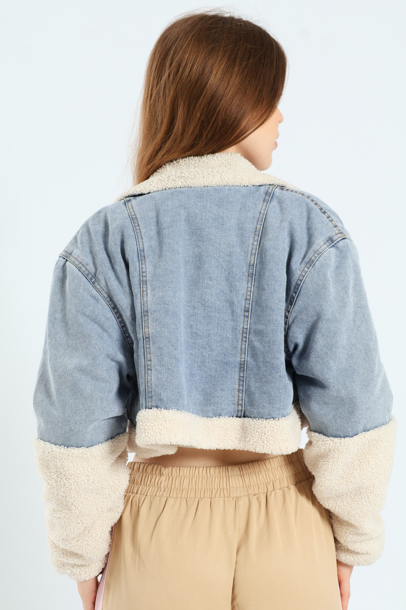 Faux Shearling Denim Moto Jacket - Light Blue - Image 5