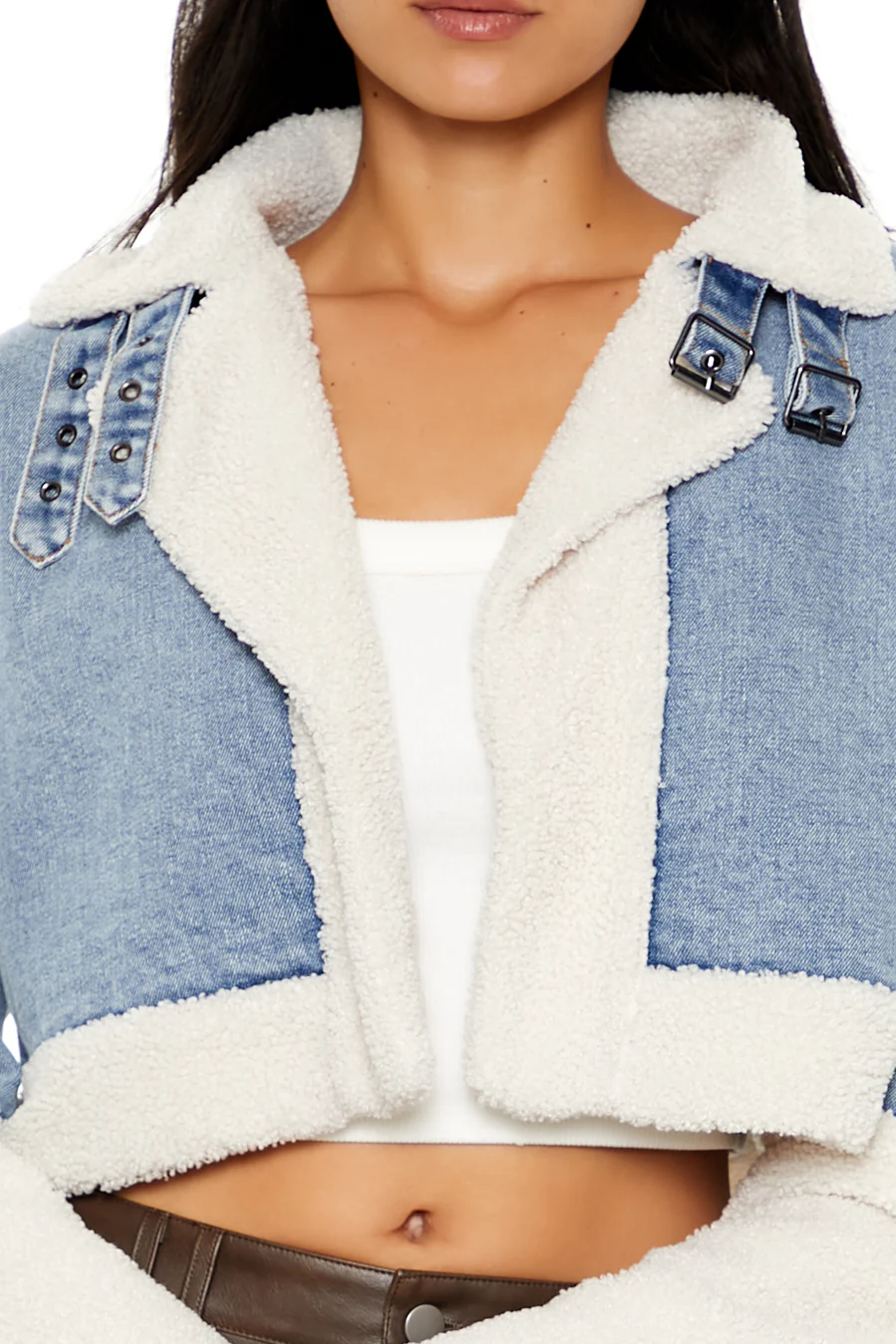 Faux Shearling Denim Moto Jacket - Light Blue - Image 9