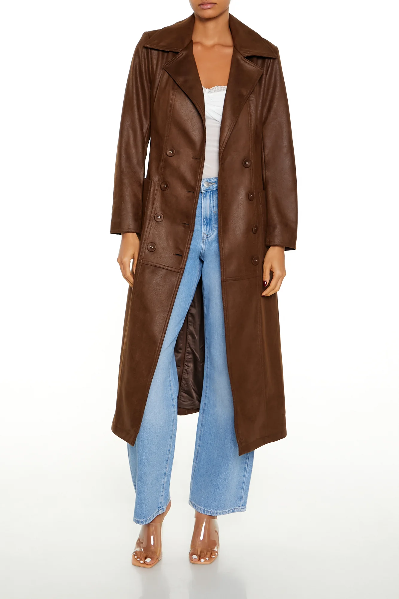 Faux Suede Trench Jacket - Brown - Image 2