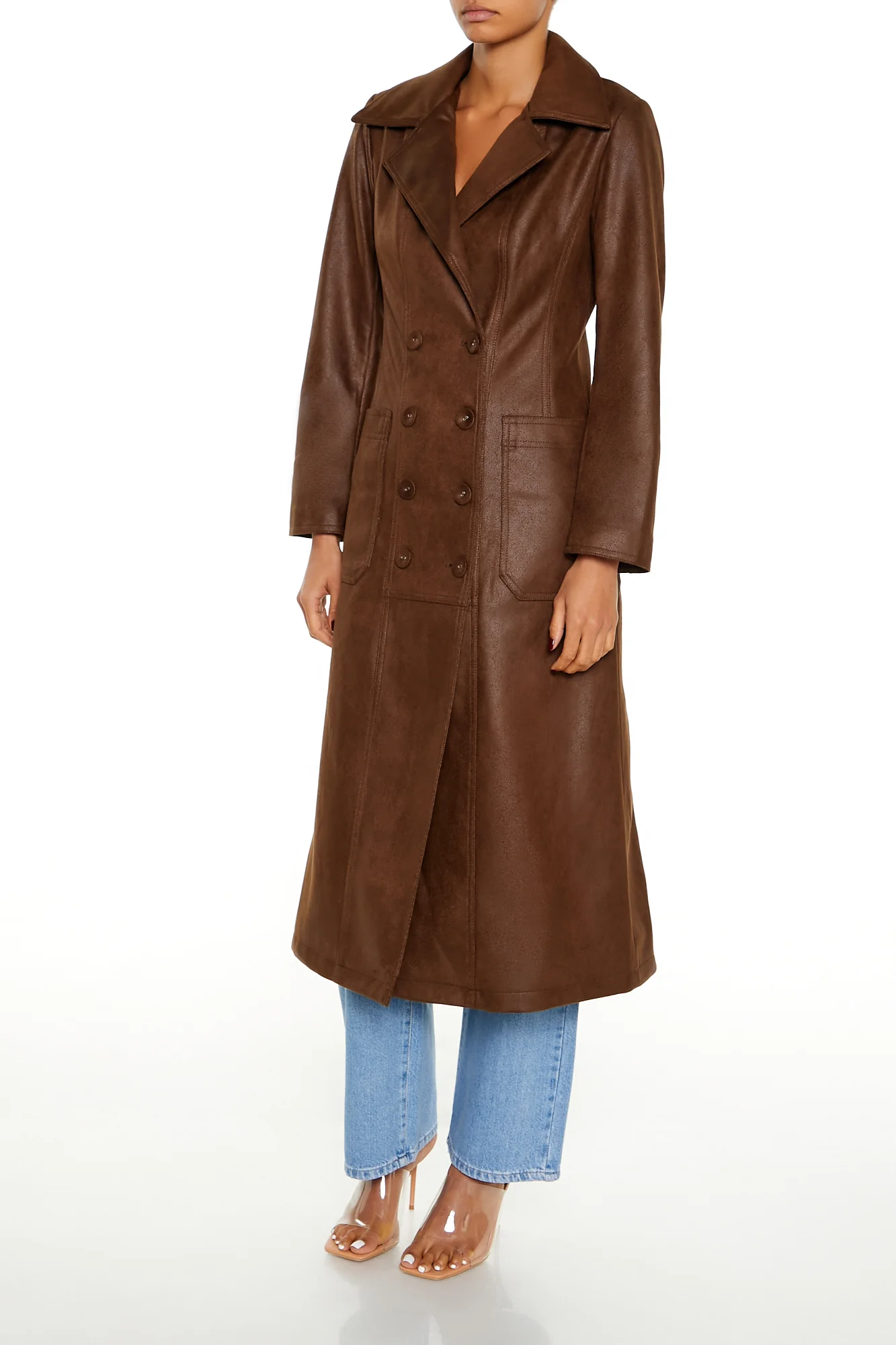 Faux Suede Trench Jacket - Brown - Image 3