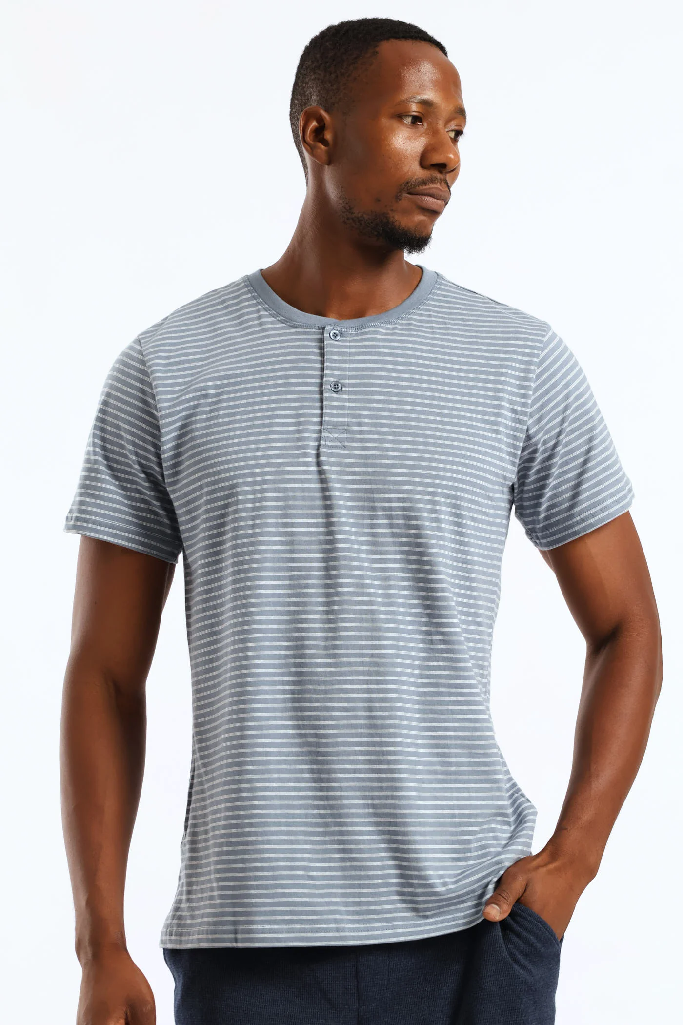 Feather Stripe Henley Top - Cream/Blue - Image 3