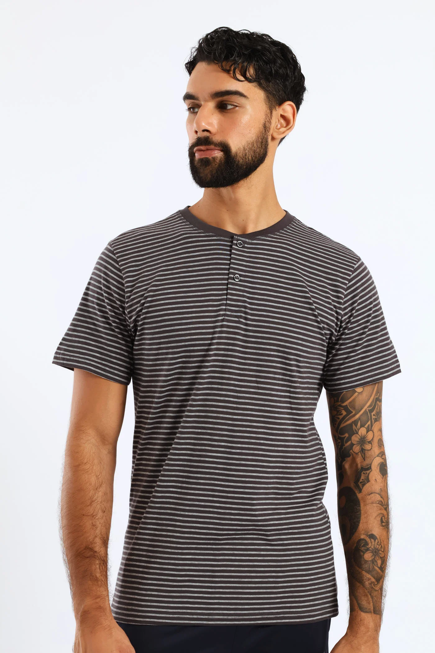 Feather Stripe Henley Top - Cream/Charcoal - Image 4