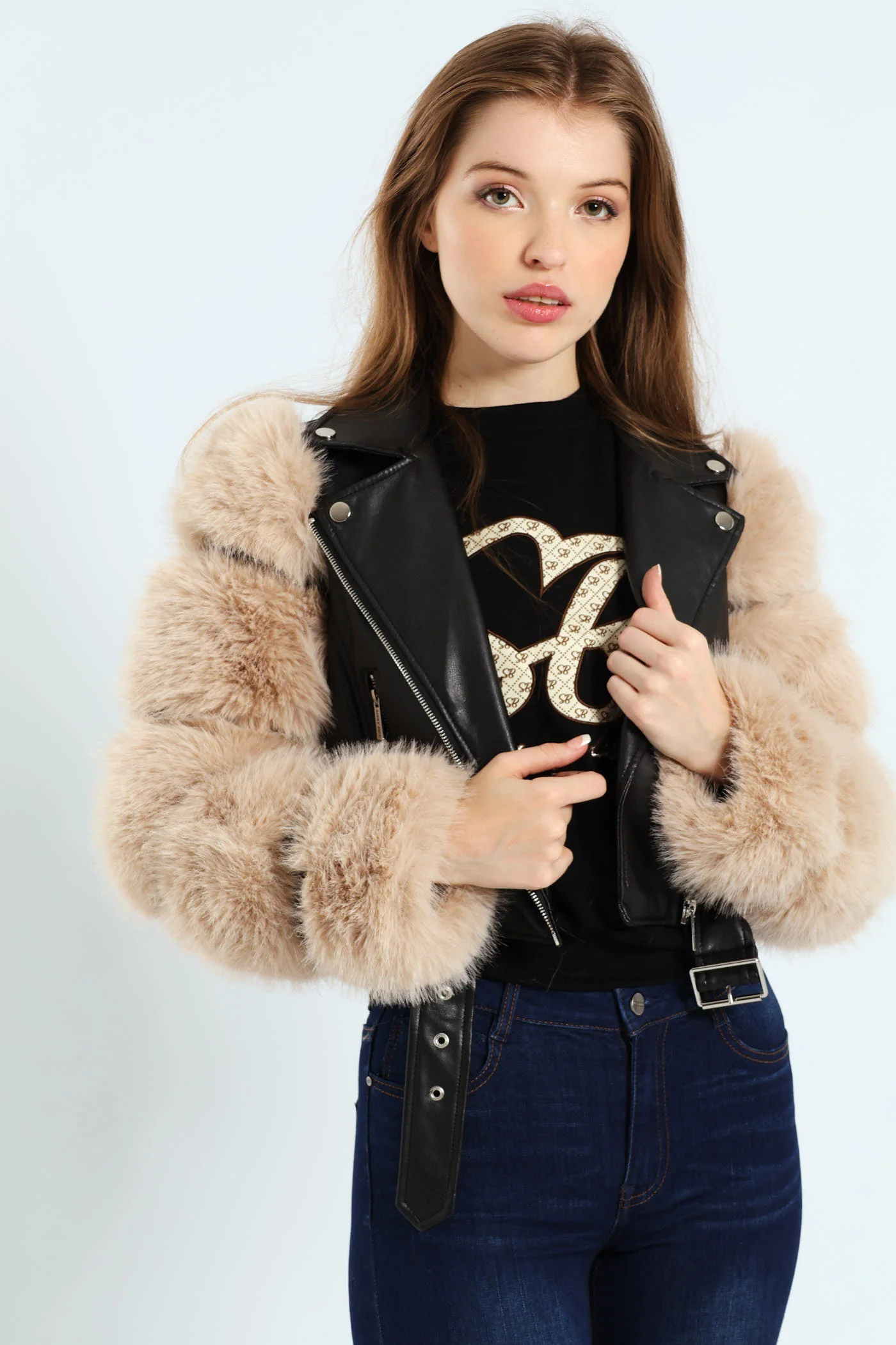 Faux Leather Biker Jacket With Faux Fur Sleeve - Black - Image 2