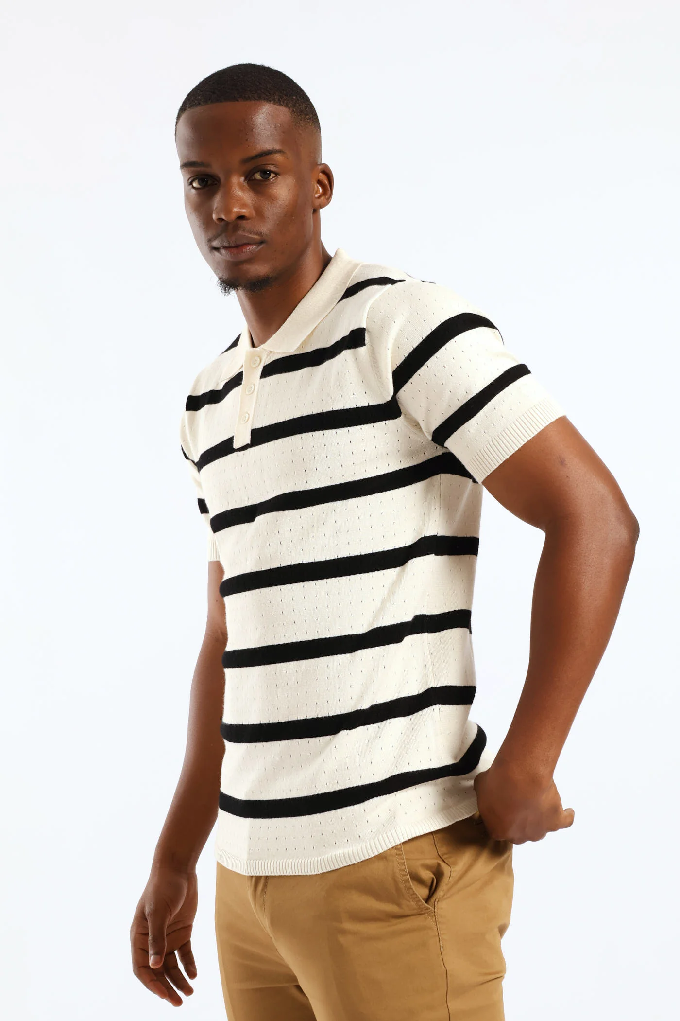 Fine Gauge Stripe Golfer - Off White - Image 4