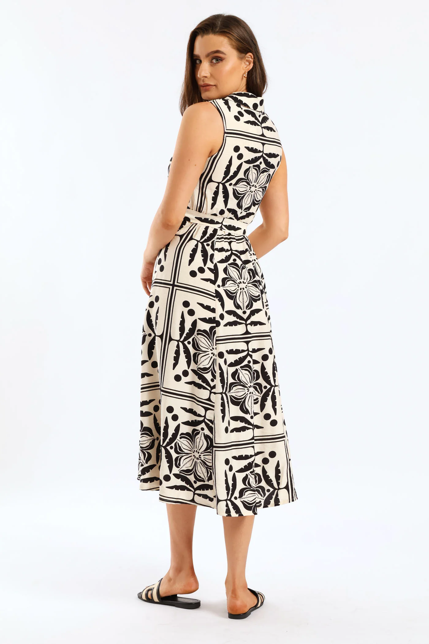 Fit & Flare Belted Midi Shirt Dress - Stone/Black - Image 2