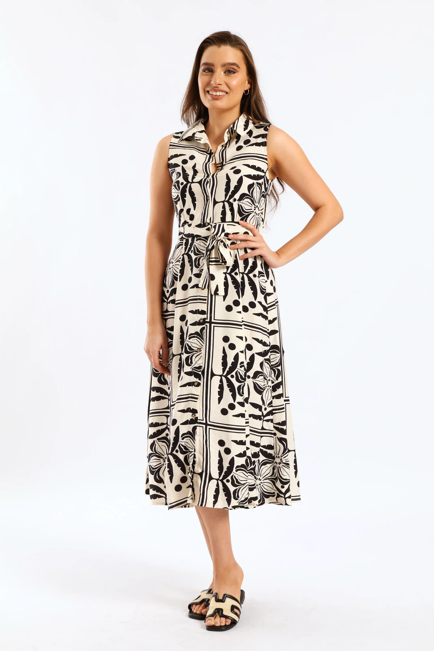 Fit & Flare Belted Midi Shirt Dress - Stone/Black - Image 5