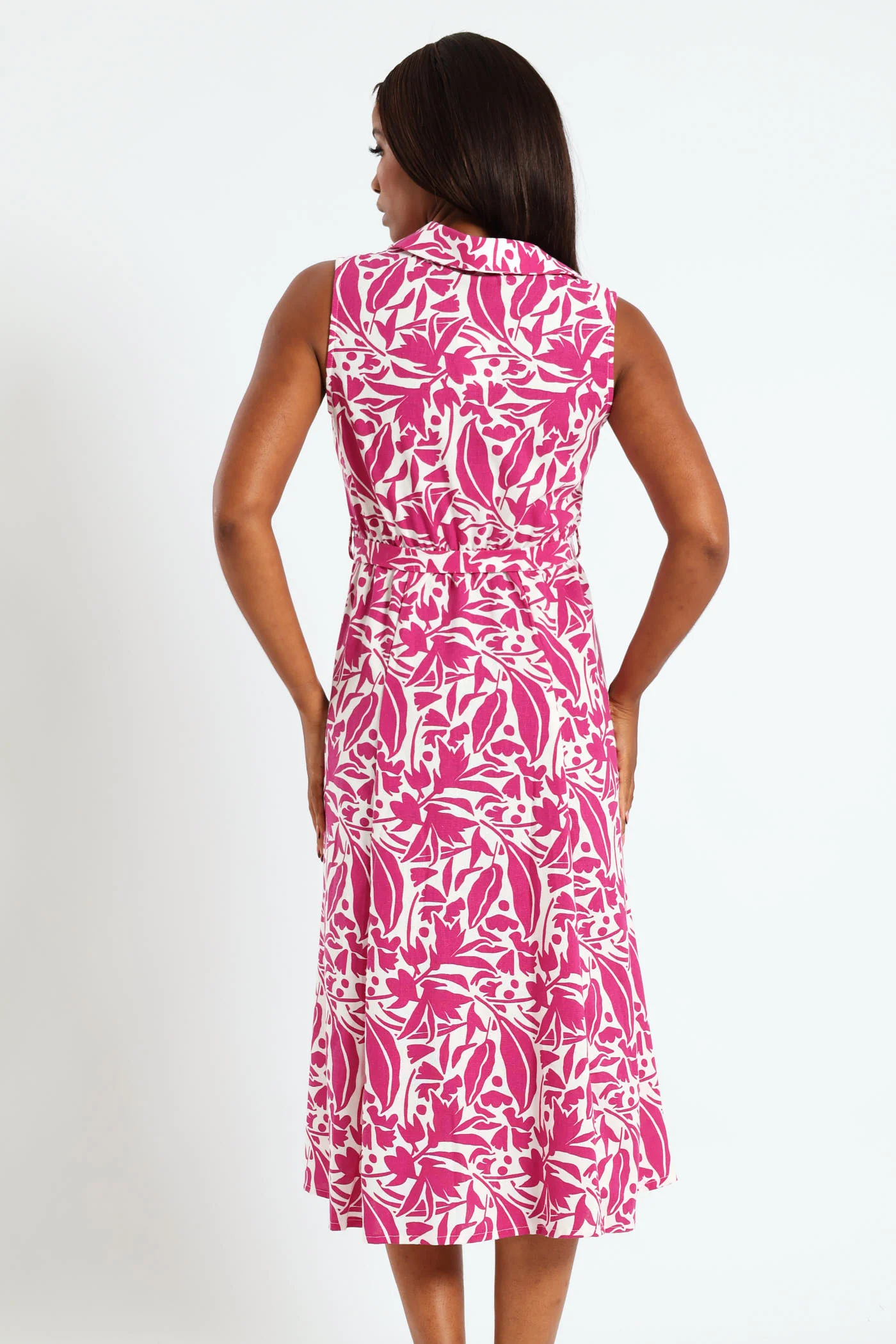 Fit & Flare Belted Midi Shirt Dress - White/Magenta - Image 2