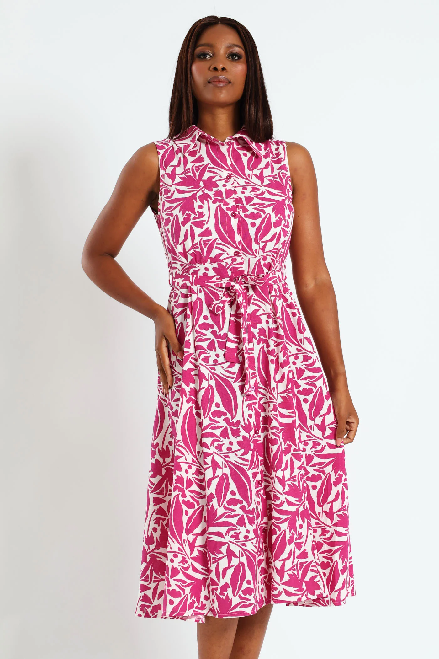 Fit & Flare Belted Midi Shirt Dress - White/Magenta - Image 4