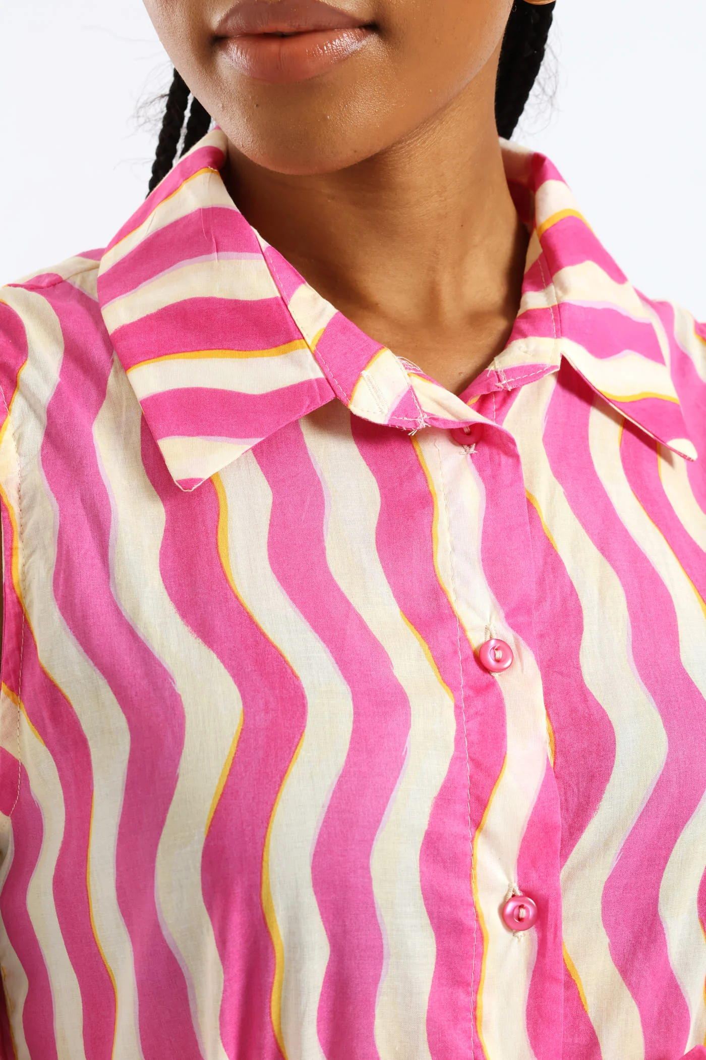 Fit & Flare Belted Midi Shirt Dress - White/Pink - Image 2