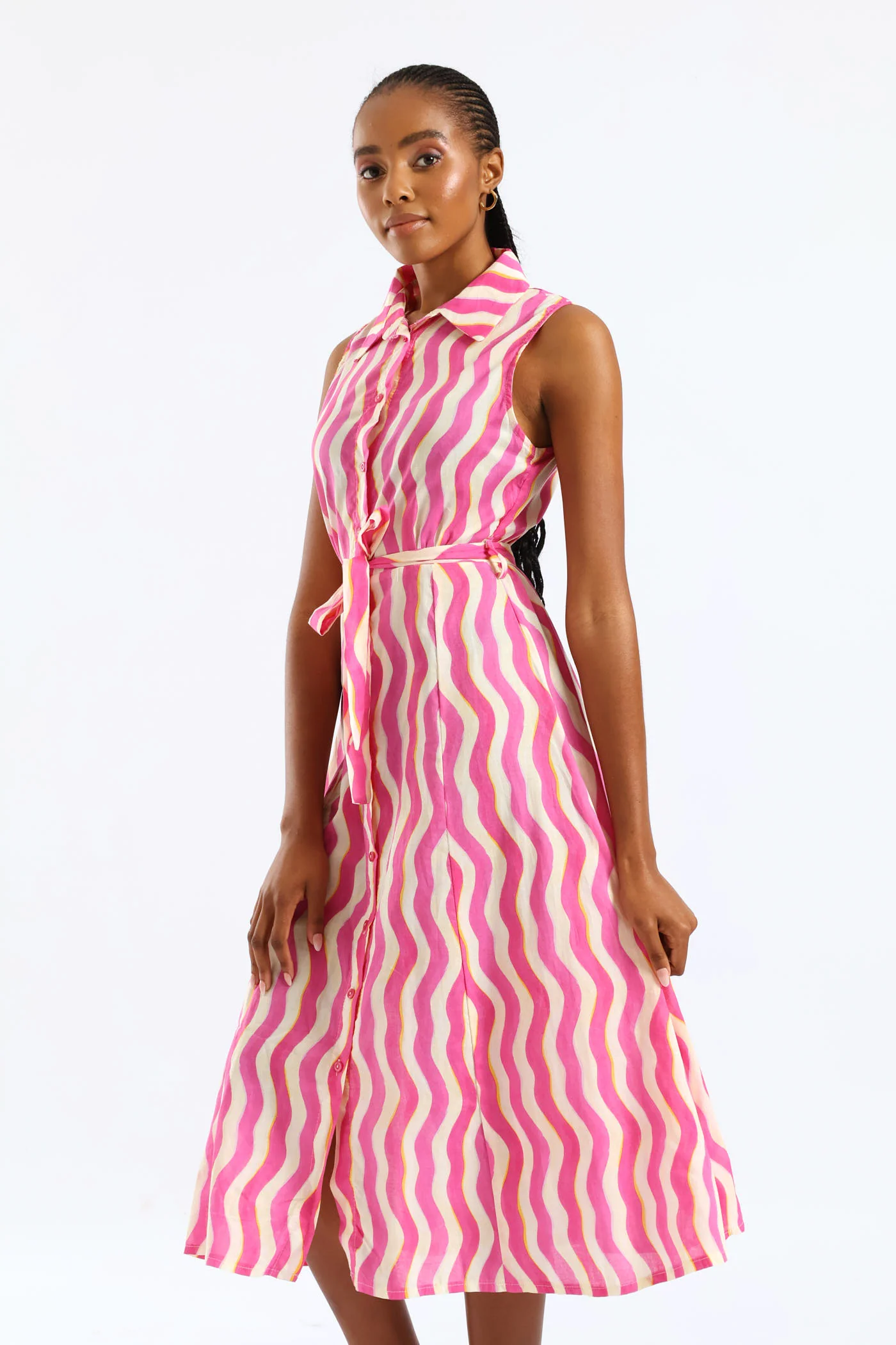 Fit & Flare Belted Midi Shirt Dress - White/Pink - Image 3