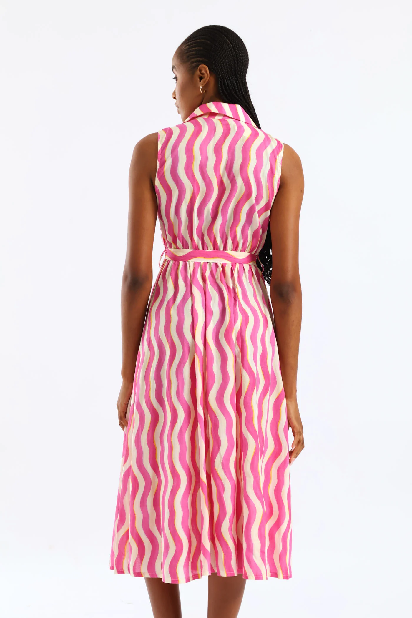 Fit & Flare Belted Midi Shirt Dress - White/Pink - Image 4