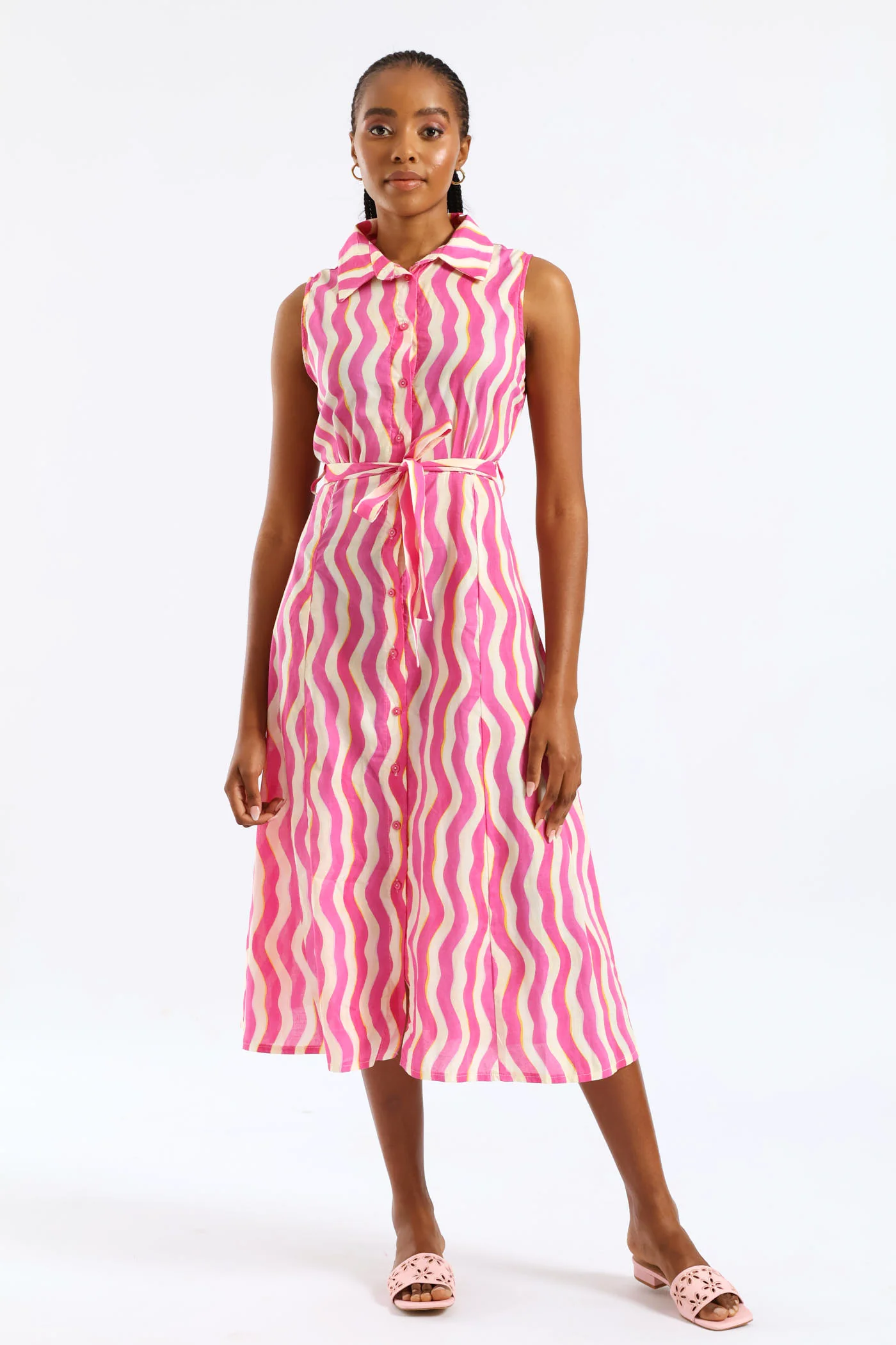 Fit & Flare Belted Midi Shirt Dress - White/Pink - Image 5