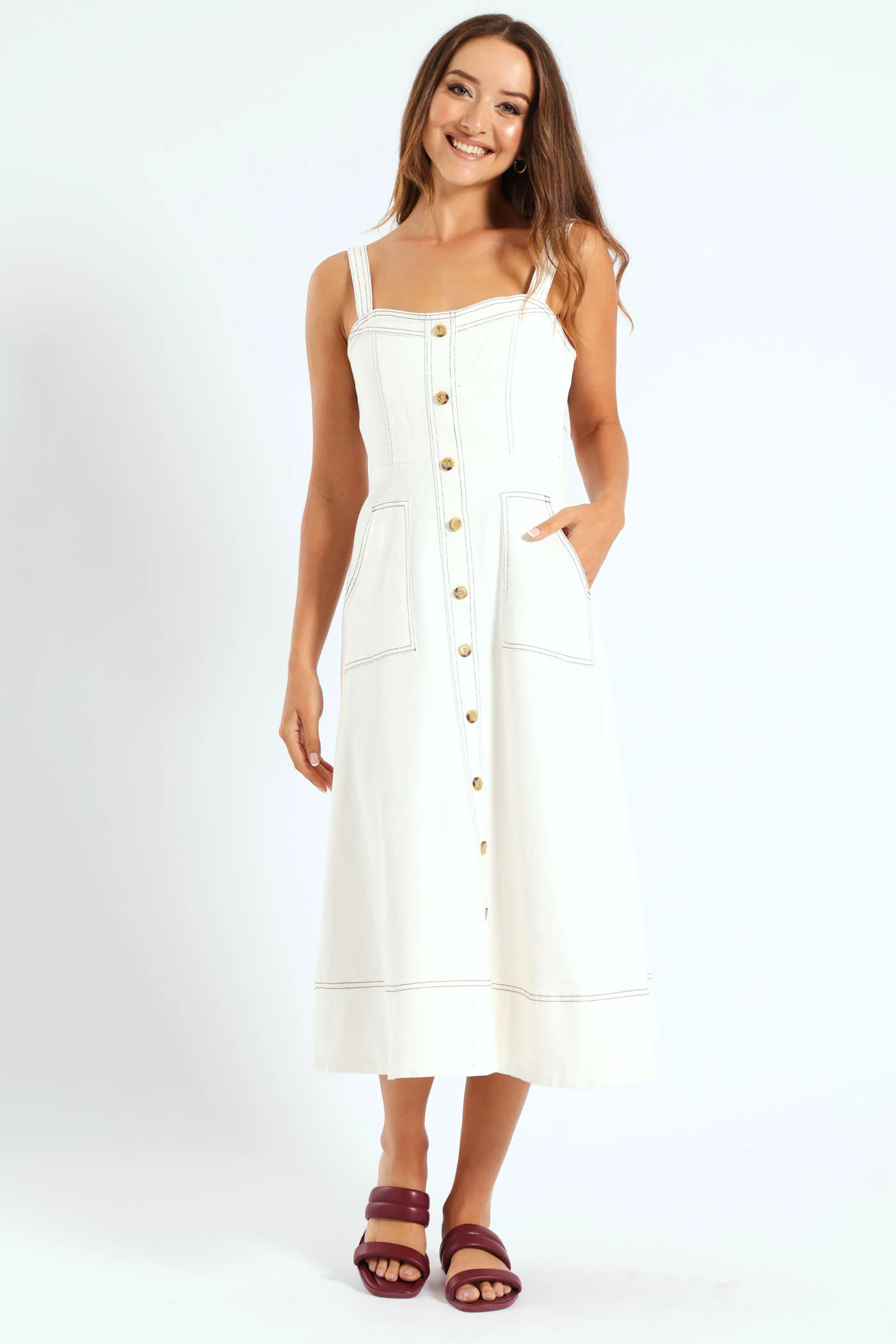 Fit & Flare Button Through Twill Midi Dress - Off White - Image 2