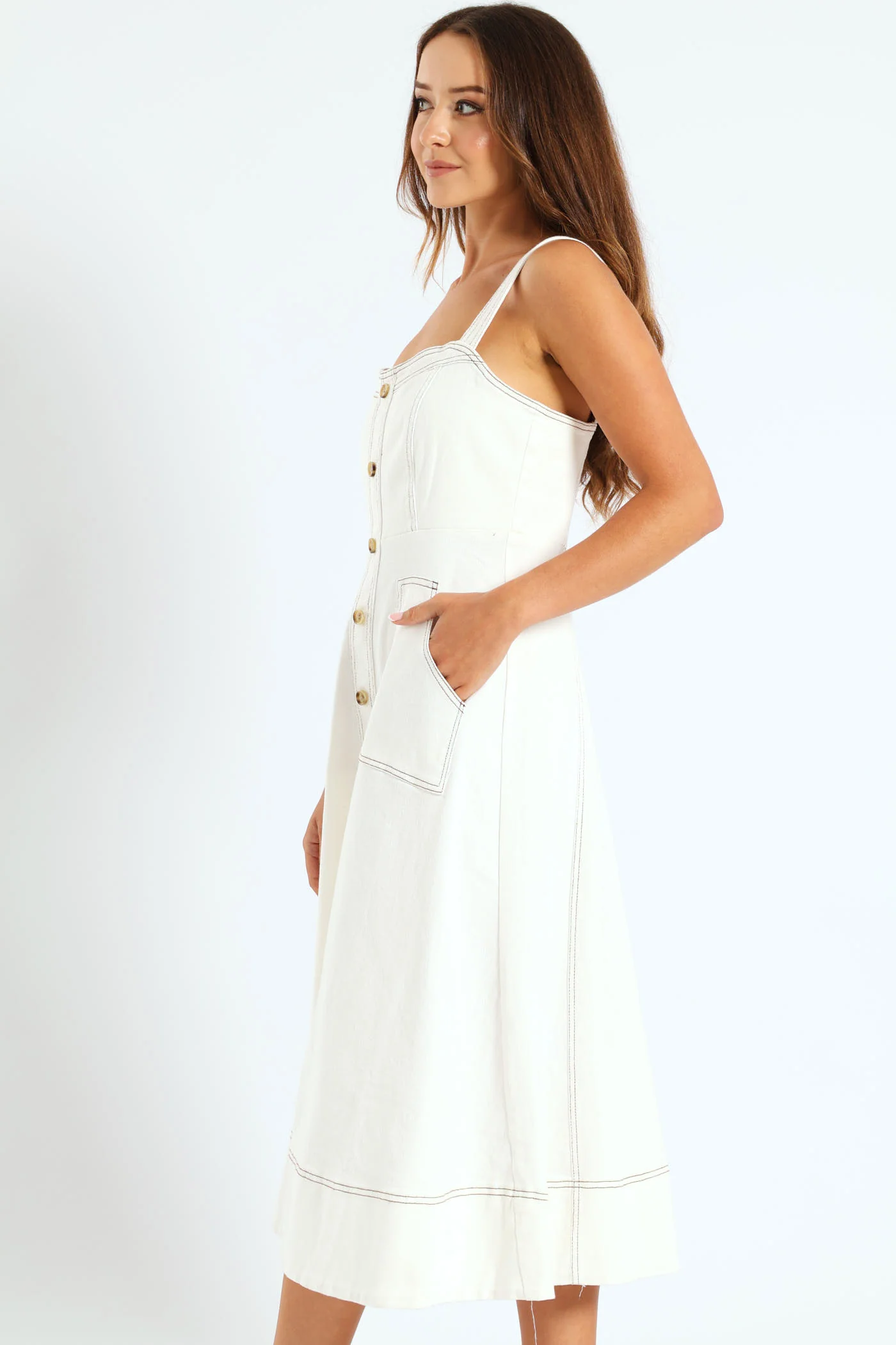 Fit & Flare Button Through Twill Midi Dress - Off White - Image 3