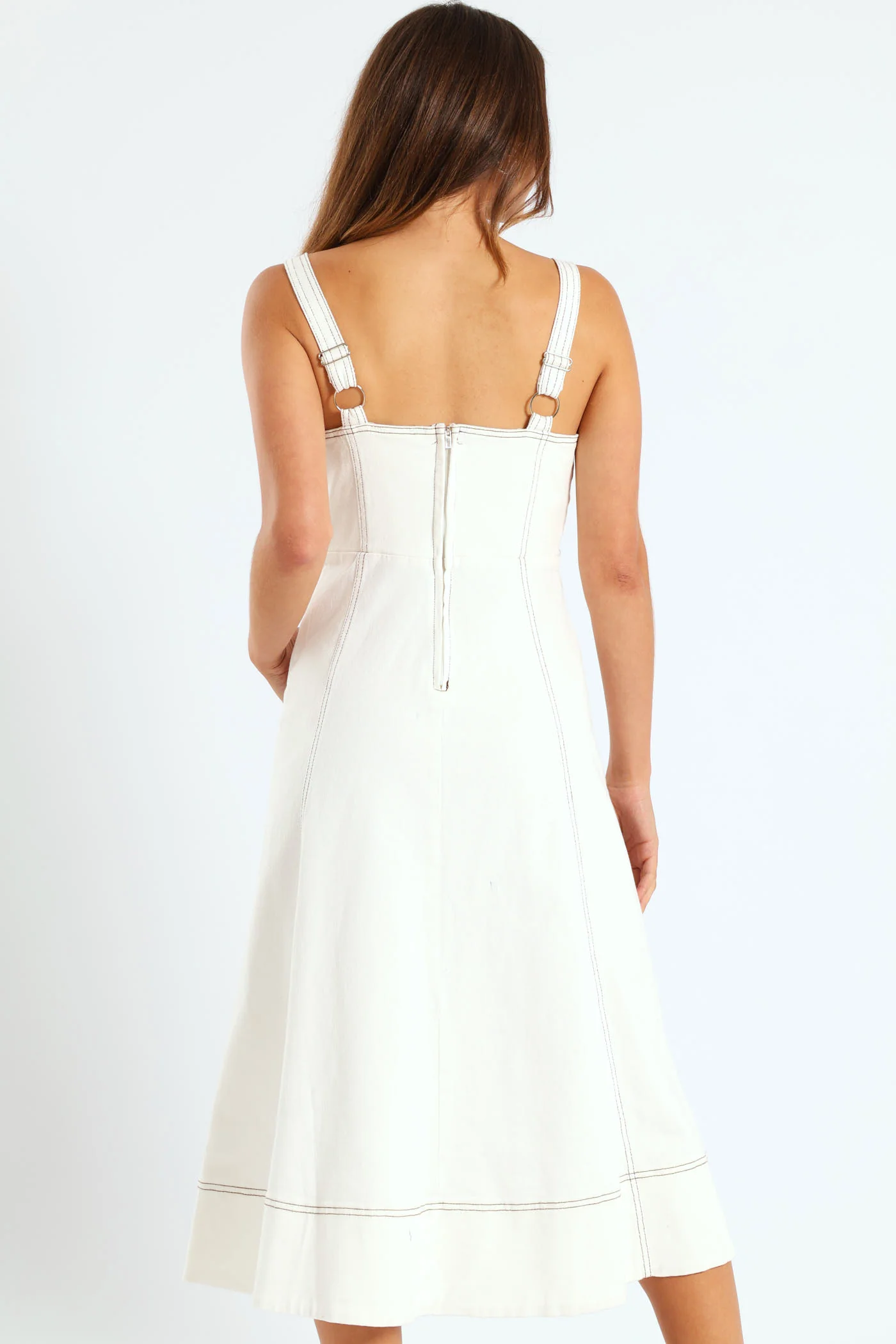 Fit & Flare Button Through Twill Midi Dress - Off White - Image 4
