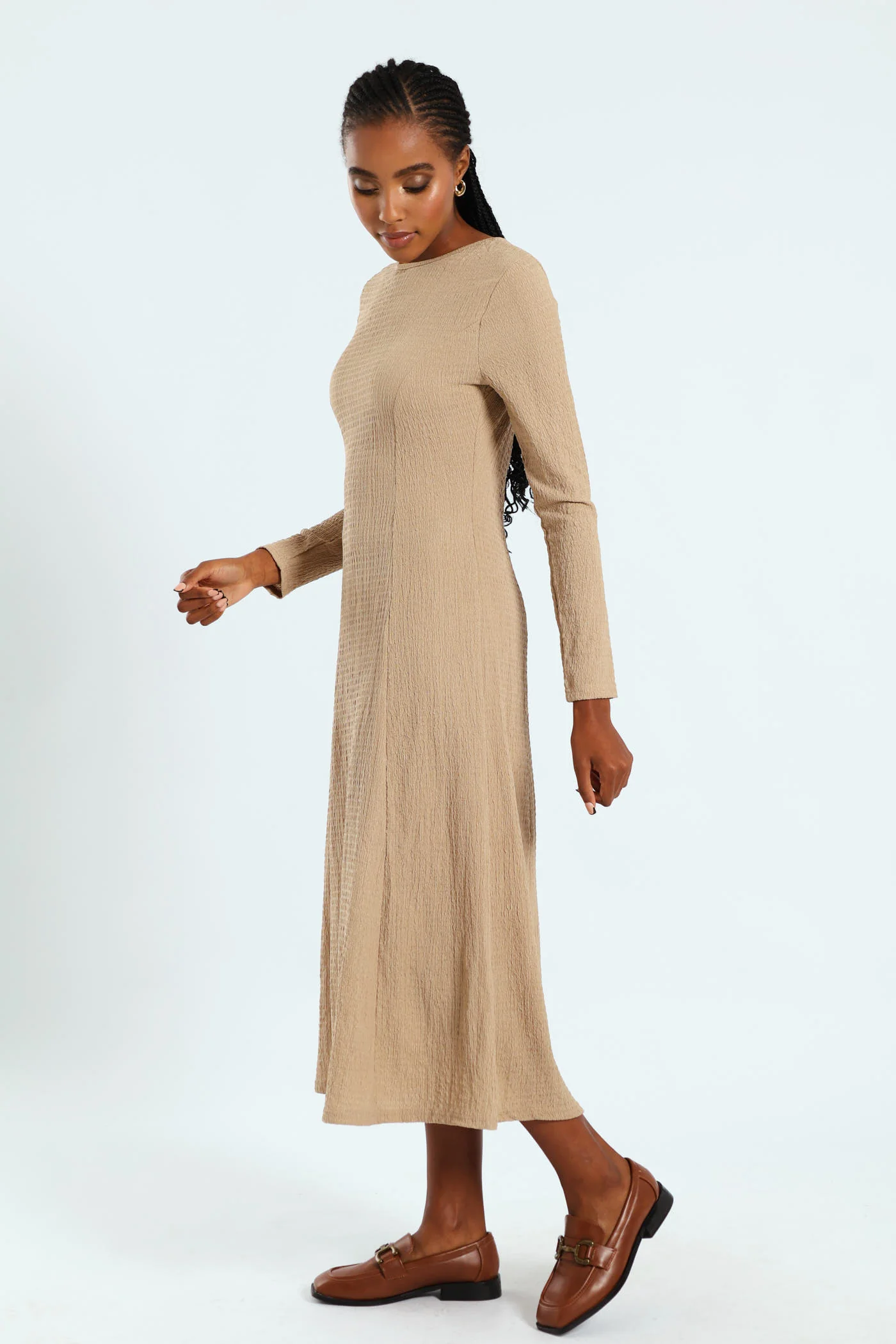 Fit & Flare Panelled Knit Midi Dress - Dark Beige - Image 3