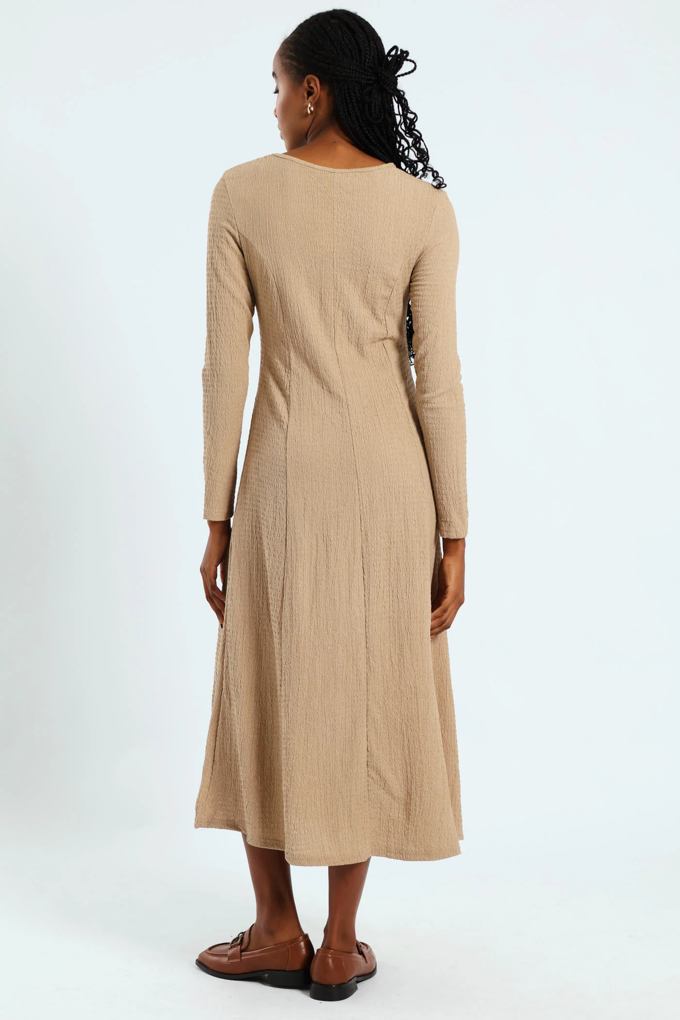 Fit & Flare Panelled Knit Midi Dress - Dark Beige - Image 4