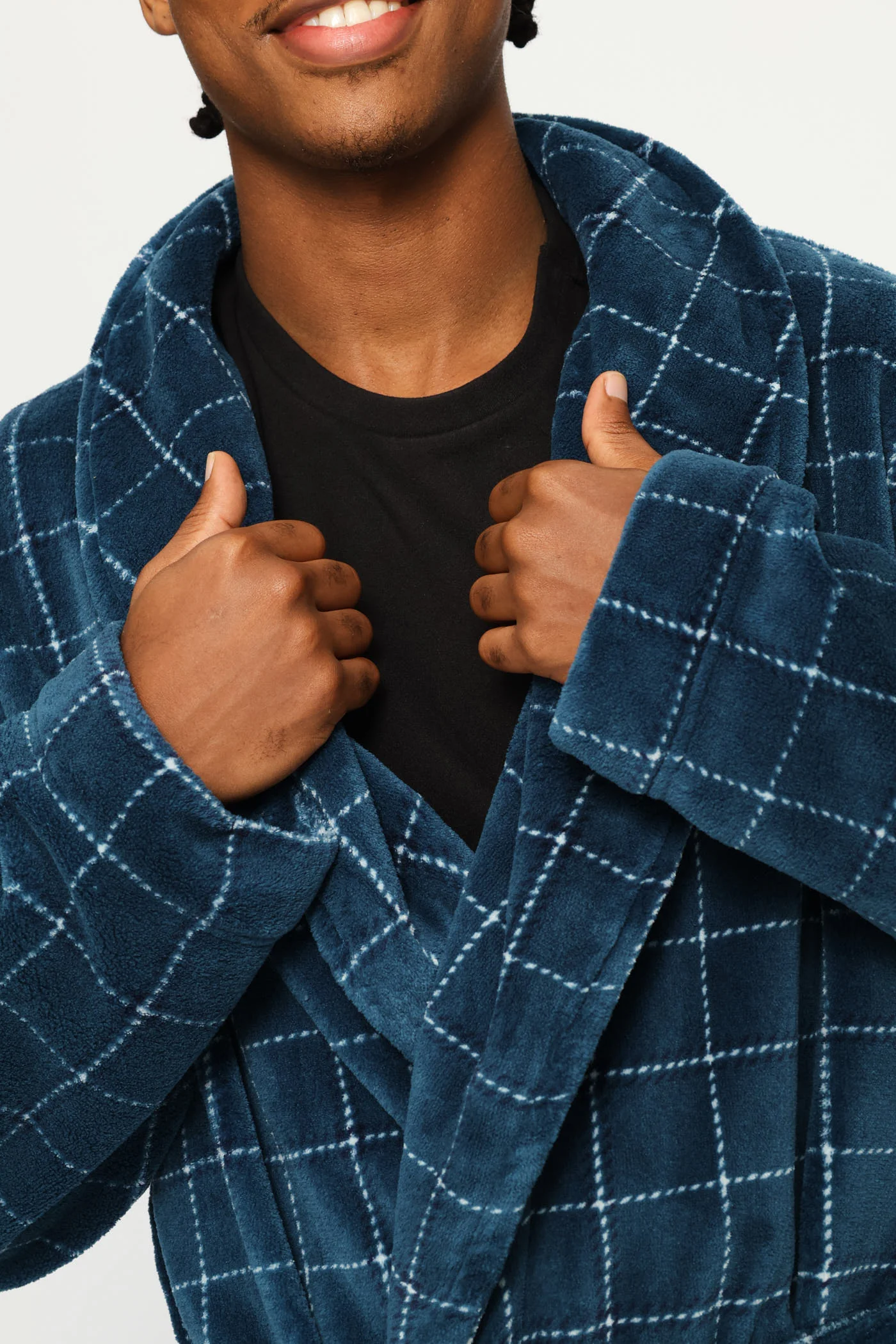 Flannel Fleece Check Shawl Collar Gown - Teal - Image 2
