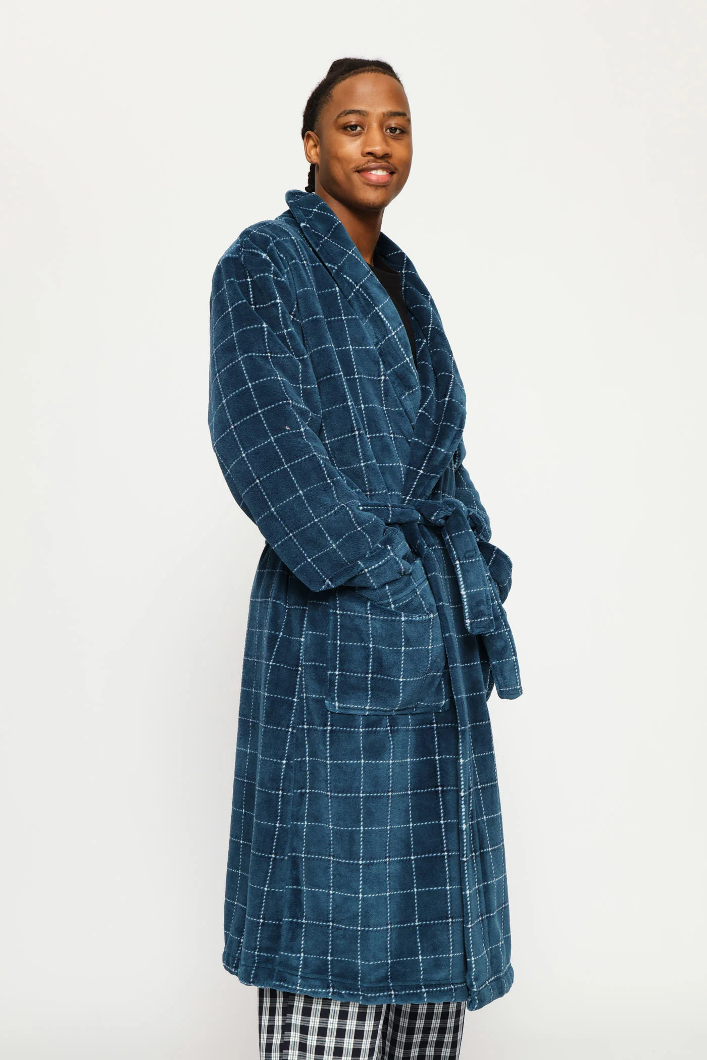 Flannel Fleece Check Shawl Collar Gown - Teal - Image 3