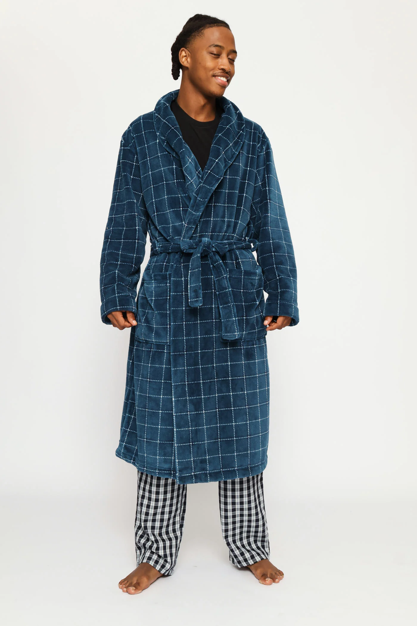 Flannel Fleece Check Shawl Collar Gown - Teal - Image 4