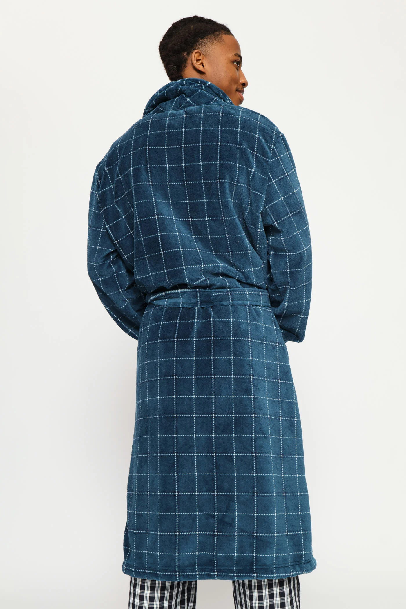 Flannel Fleece Check Shawl Collar Gown - Teal - Image 5