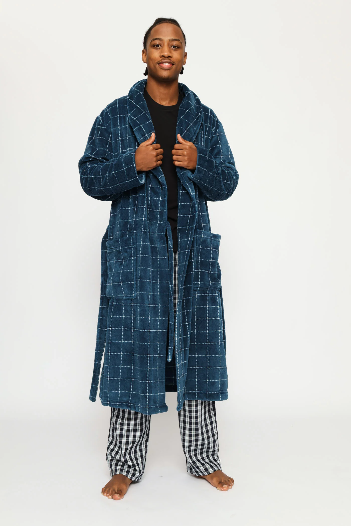 Flannel Fleece Check Shawl Collar Gown - Teal - Image 6