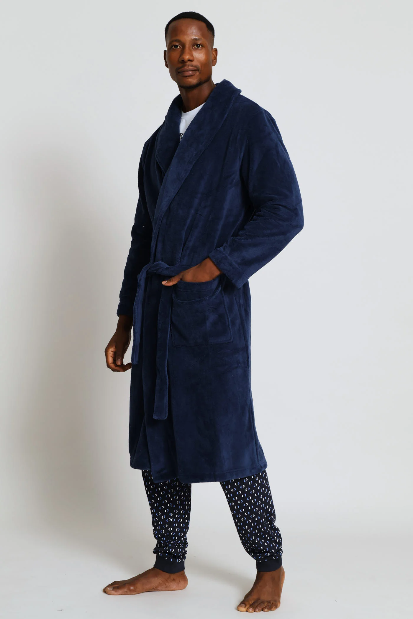 Flannel Fleece Shawl Collar Gown - Navy - Image 3