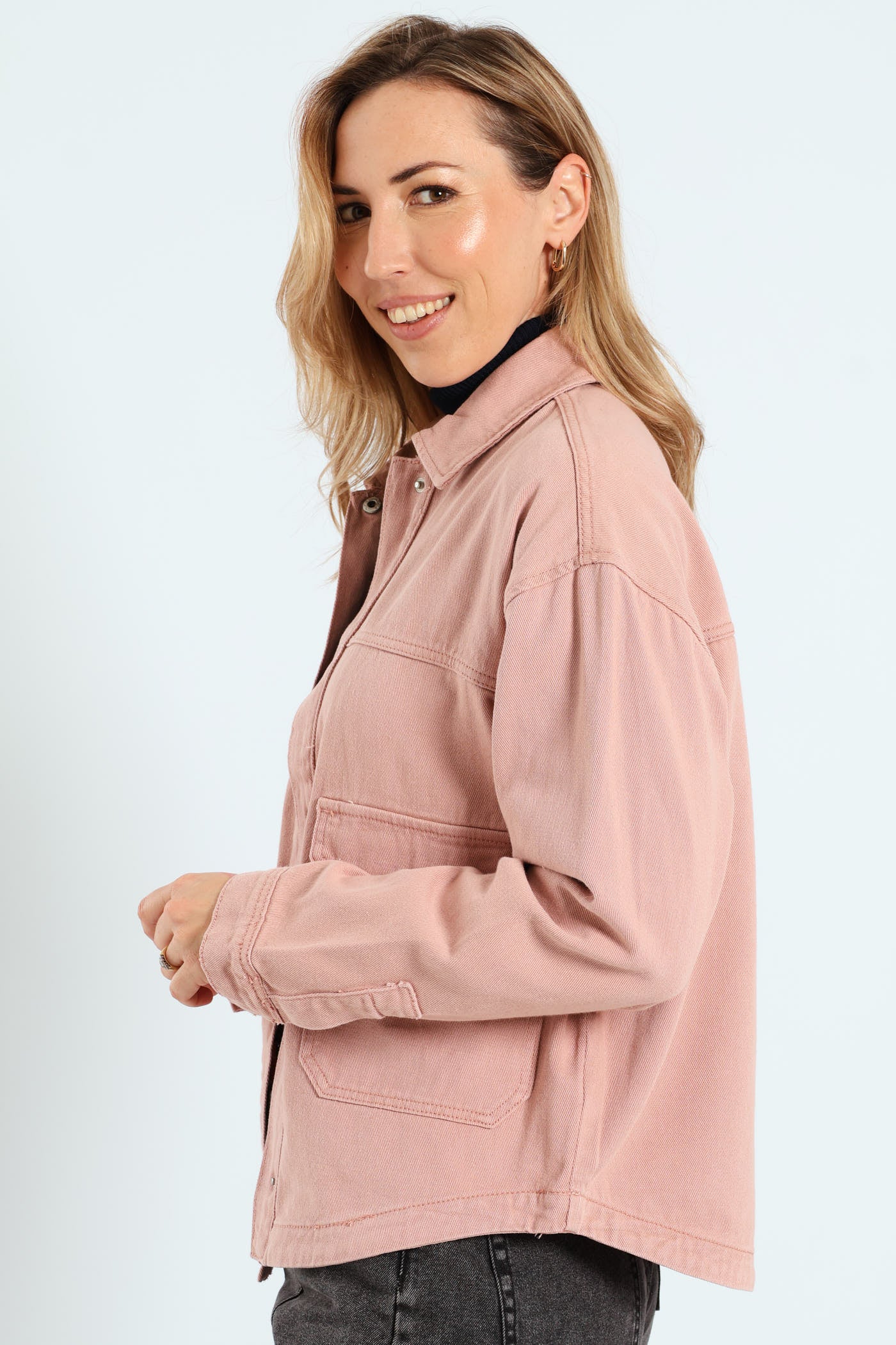 Flap Pocket Cropped Denim Shacket - Rose - Image 2