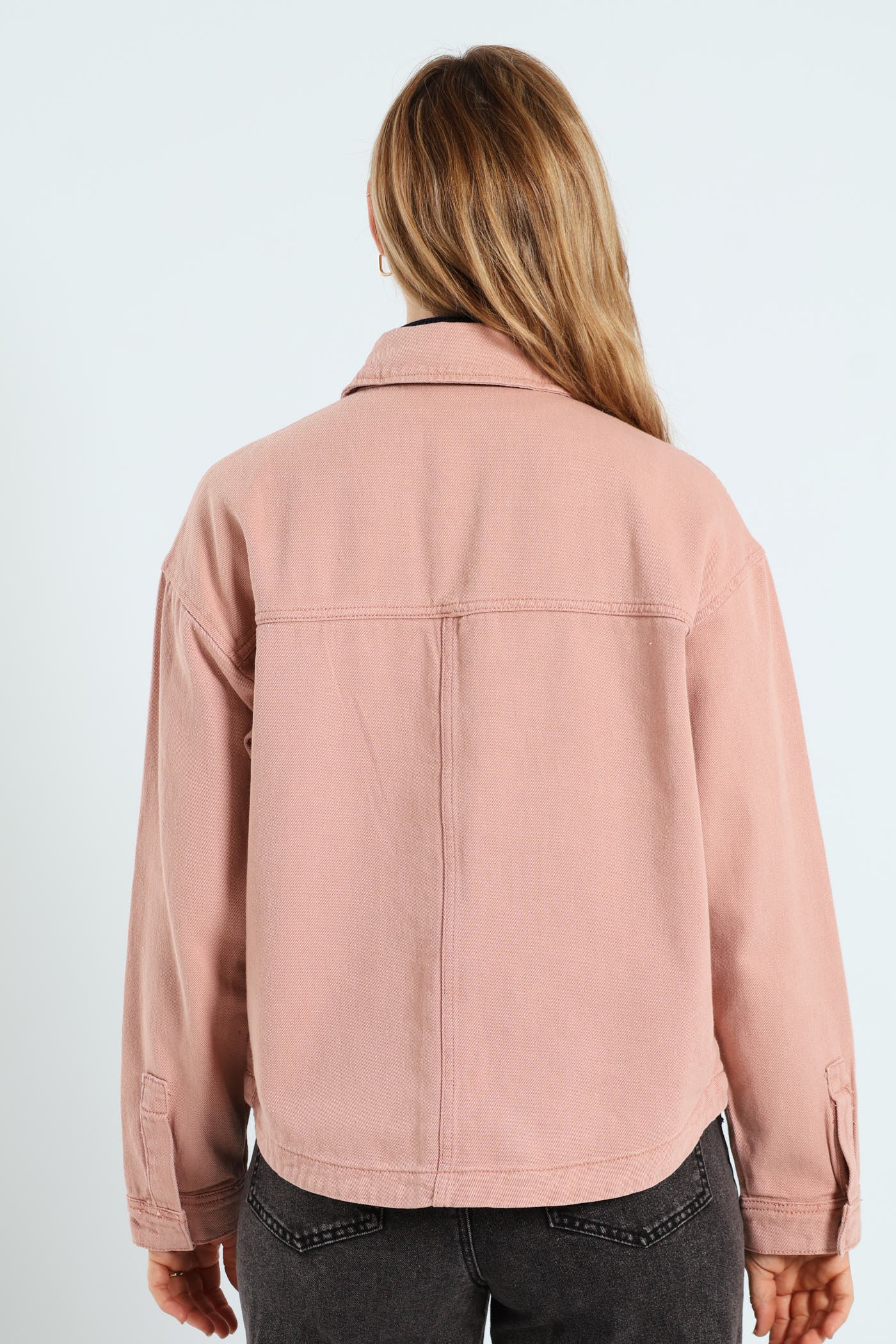 Flap Pocket Cropped Denim Shacket - Rose - Image 3