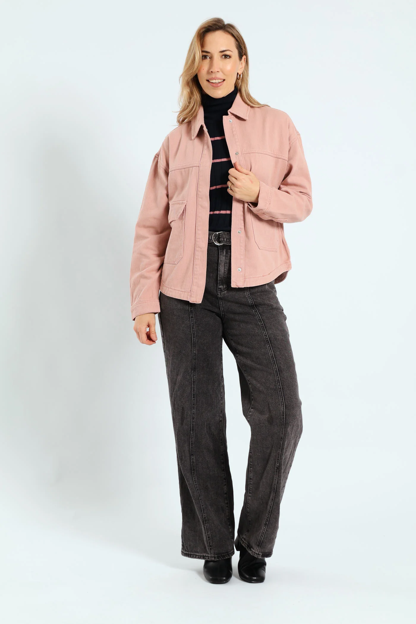 Flap Pocket Cropped Denim Shacket - Rose - Image 4