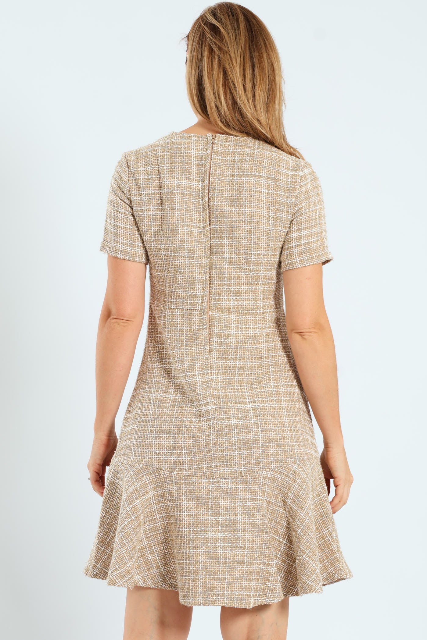 Flared Pocket Tweed Dress - Cream - Image 3