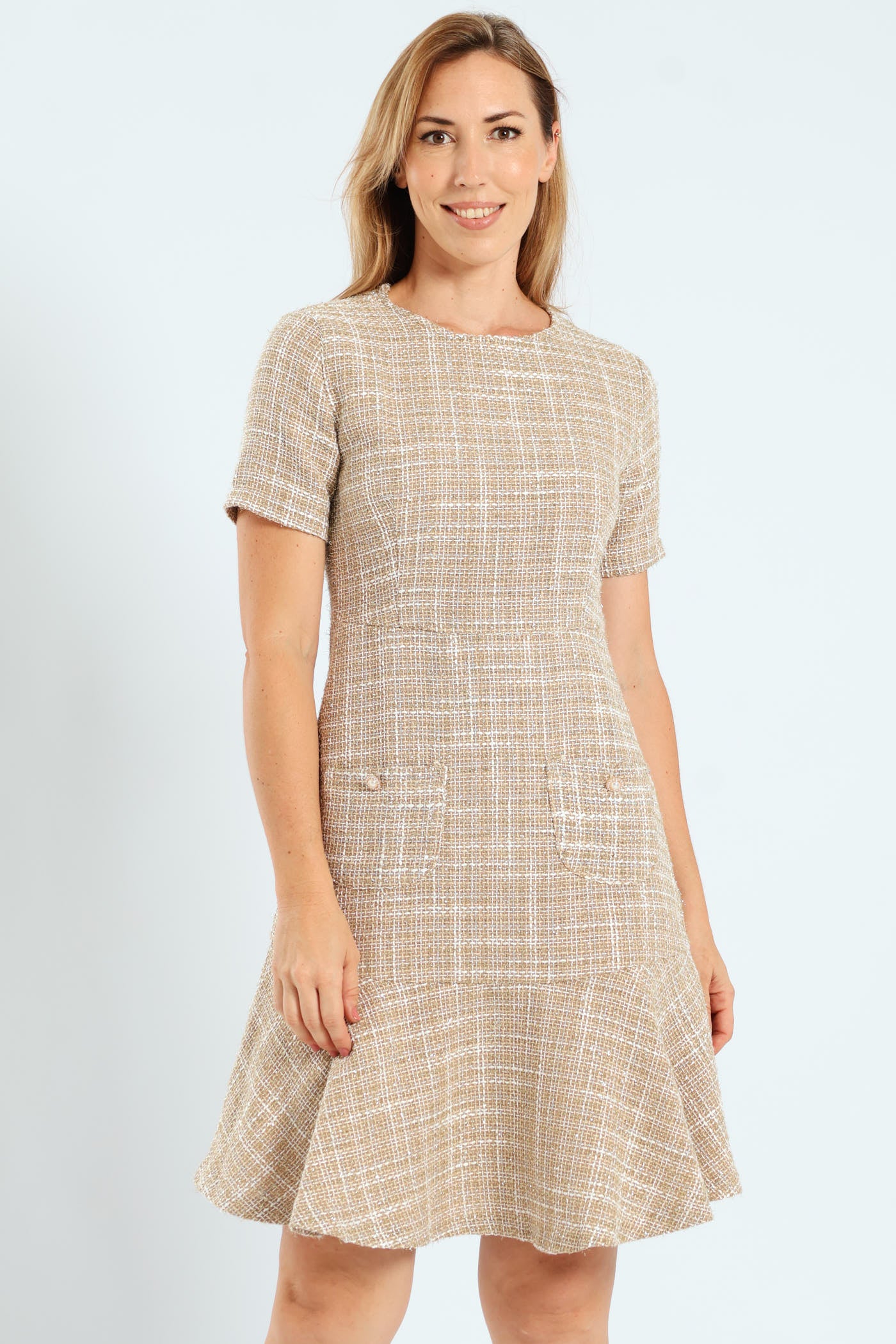 Flared Pocket Tweed Dress - Cream - Image 5