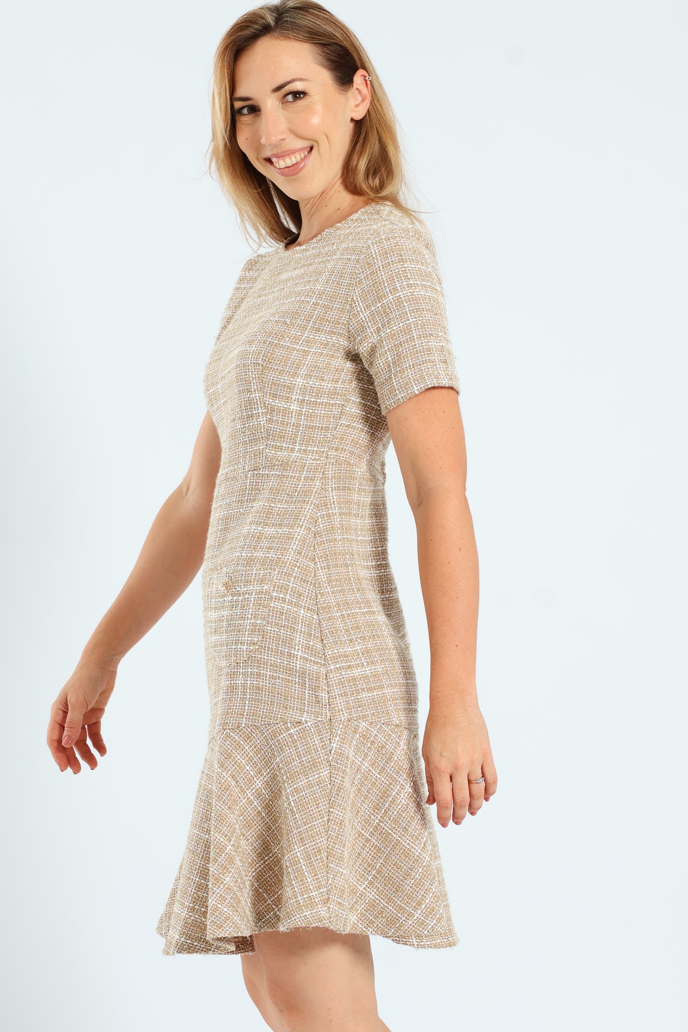 Flared Pocket Tweed Dress - Cream - Image 6