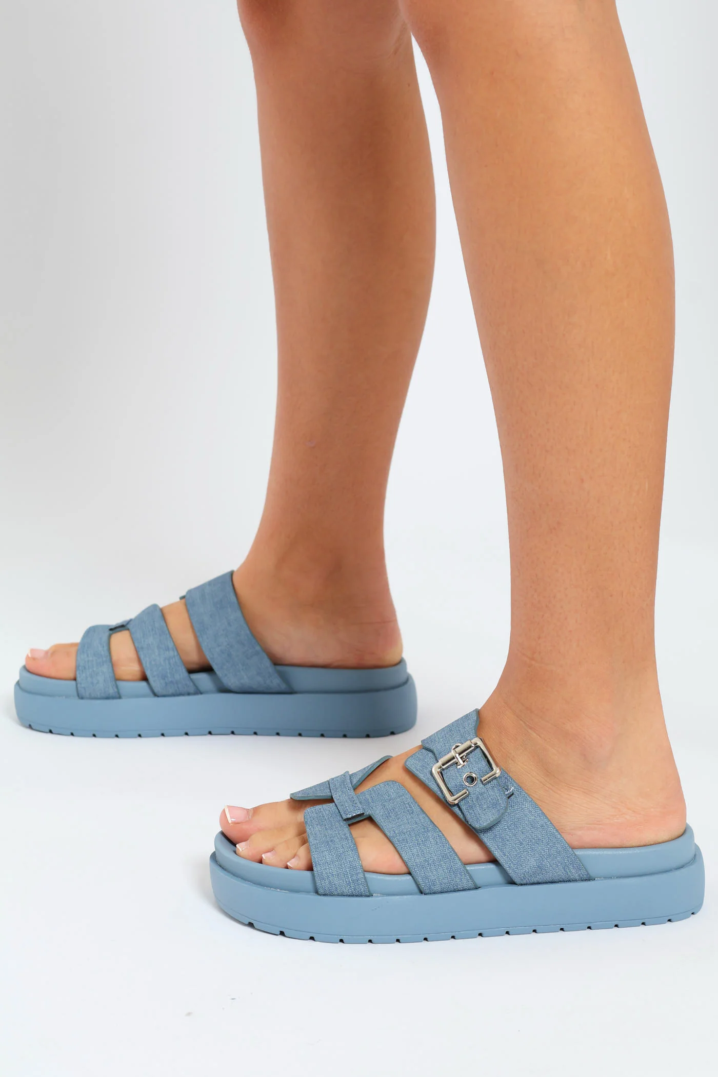 Flatform Buckle Detail H-Mule Sandal - Denim - Image 3