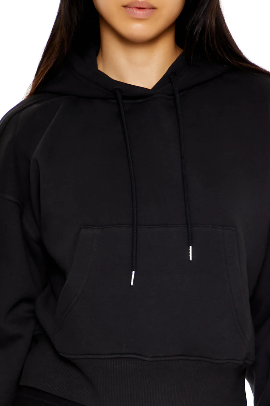 Fleece Drawstring Hoodie - Black - Image 2
