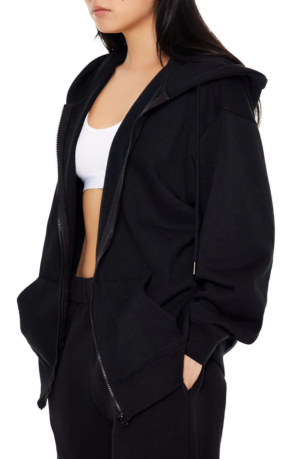 Fleece Zip Up Hoodie - Black - Image 3