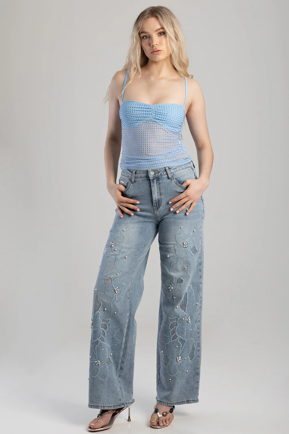 Floral Applique & Pearl Detail Mid Waisted Wide Leg Jean- Light Wash - Image 4