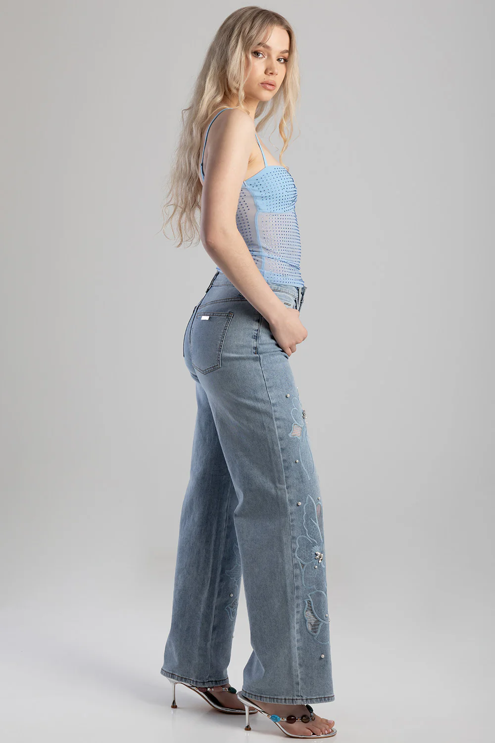 Floral Applique & Pearl Detail Mid Waisted Wide Leg Jean- Light Wash - Image 5
