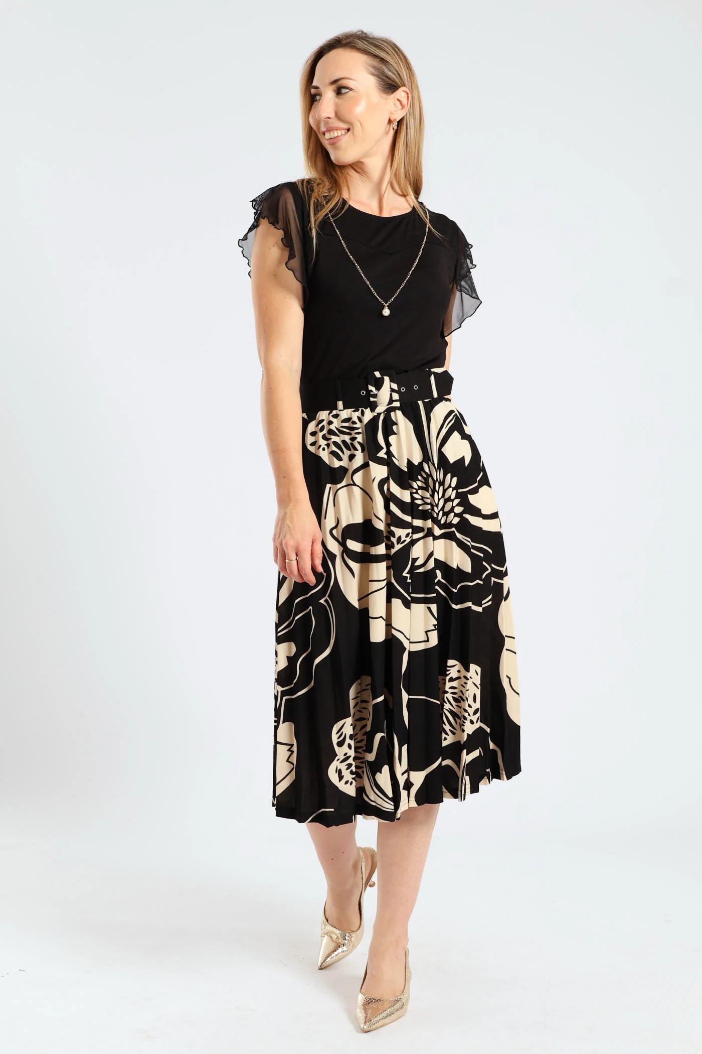 Floral Bold Pleated Midi Skirt - Black/Cream - Image 2