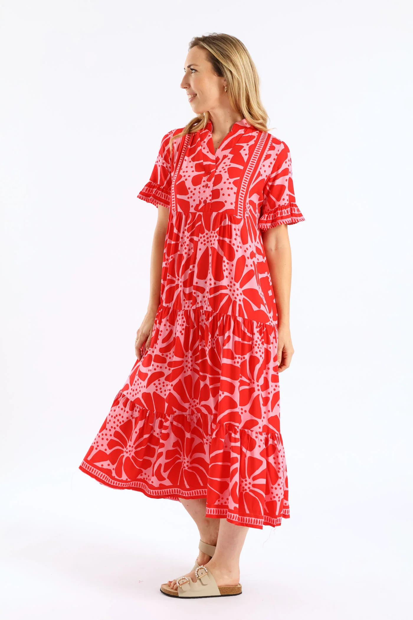 Floral Border Print Midaxi Dress - Red/Pink - Image 3
